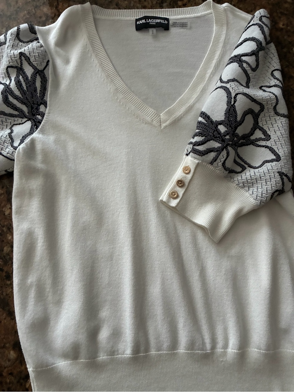 Karl Lagerfeld Cream V-Neck Sweater with Black Floral Puff Sleeves